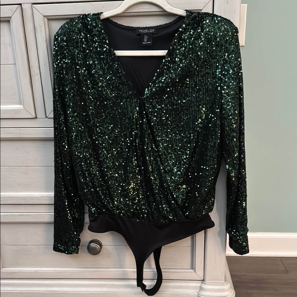 Rachel Zoe Green Sequin Ruched Bodysuit